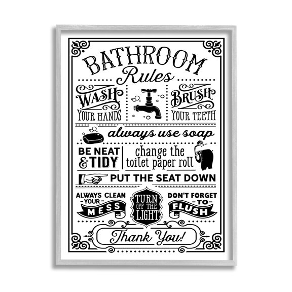 Stupell Industries Vintage Style Bathroom Rules Diagram List Border Graphic Art Gray Framed Art Print Wall Art, Design by Lettered and Lined