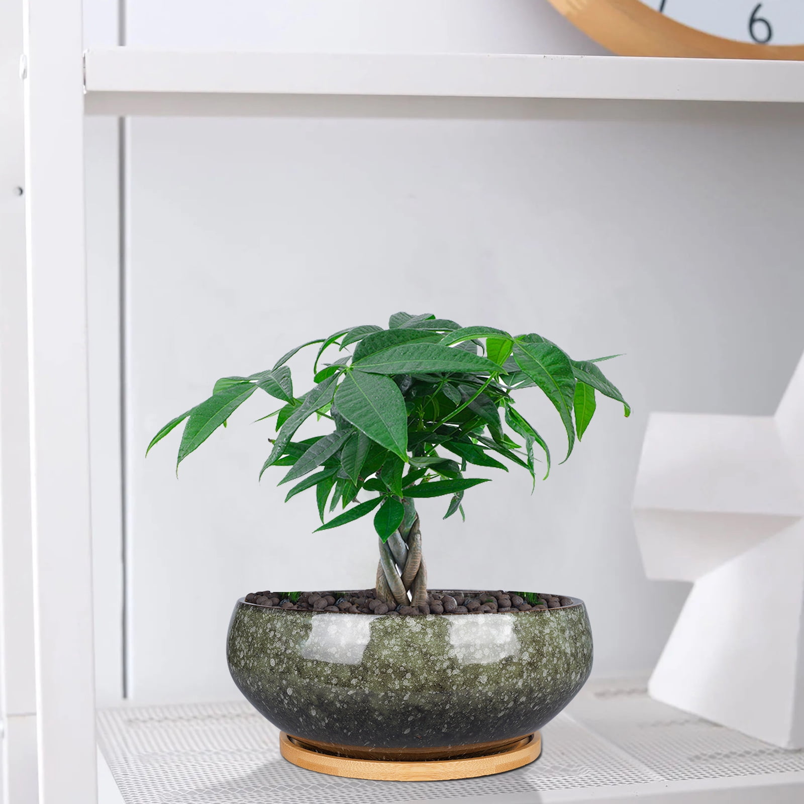 Ordivic 8  inch Green Ceramic Planter with Drainage Hole & Saucer,Shallow Plant Pots for Bonsai Trees Cacti Housewarming Gift Home Decor