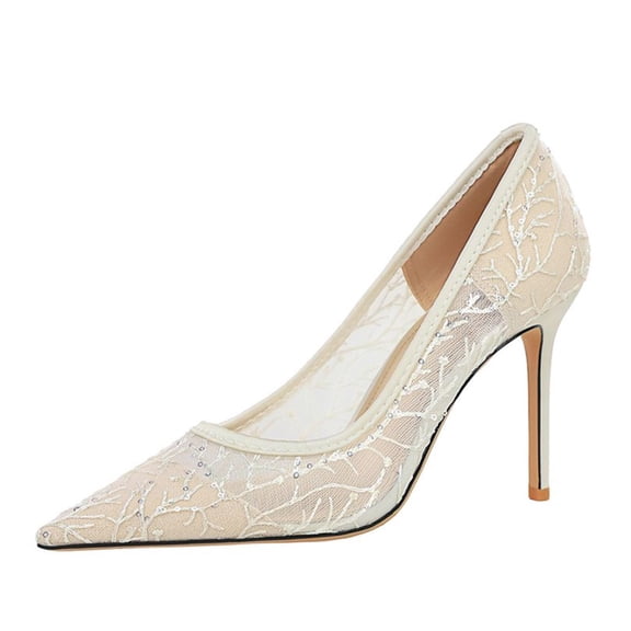 High Heels for Women 9CM Pointed Toe Pump Party Dress Heel Sexy Lace Mesh Sequin for Bride Prom