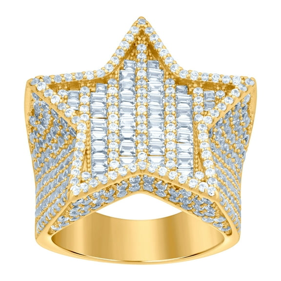925 Sterling Silver Yellow-tone Mens Baguette Round Cubic Zirconia Star Fashion Ring 24.6x6mm Wide Size 8 Ring for Men