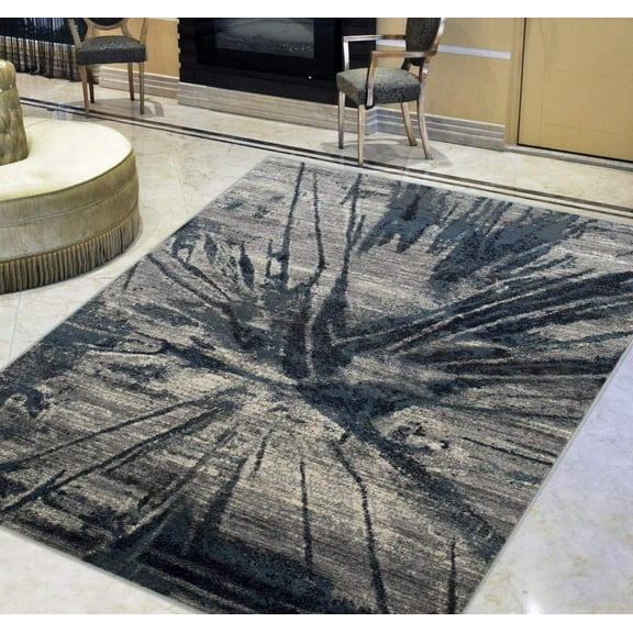 Navy/Gray Splash Abstract Explosion Pattern Distressed- Modern Vintage Area Rug