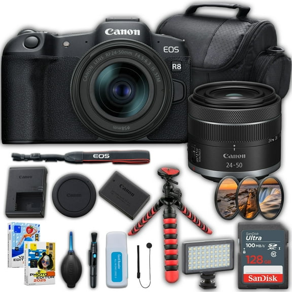 Canon EOS R8 Mirrorless Camera with RF 24-50mm f/4.5-6.3 IS STM Lens   SanDisk 128 GB Memory Card   Camera Case   Spider Tripod   More (International Version)