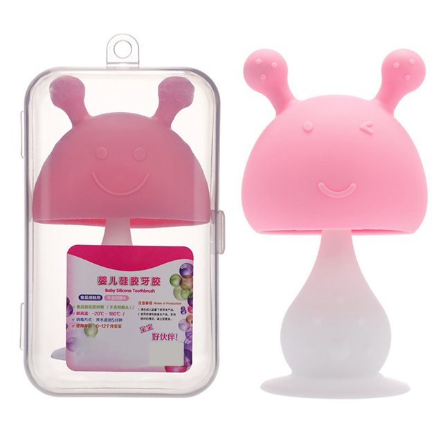 Juguete para la dentición de setas de conejo con música agradable, parte inferior de ventosa para evitar morderse las manos, juguetes para la dentición de calidad alimentaria, color rosa