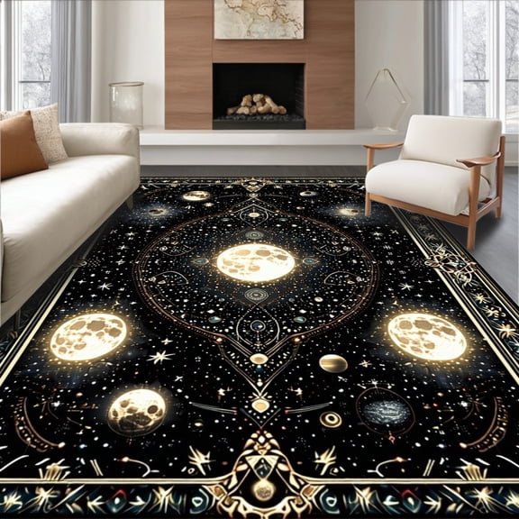Flatwoven High Traffic Area Rug, Gothic Astral Celestial Motif, Non Slip, Stain Resistant, Washable Area Rugs for Living Room, Bedroom(Black, 4X6)