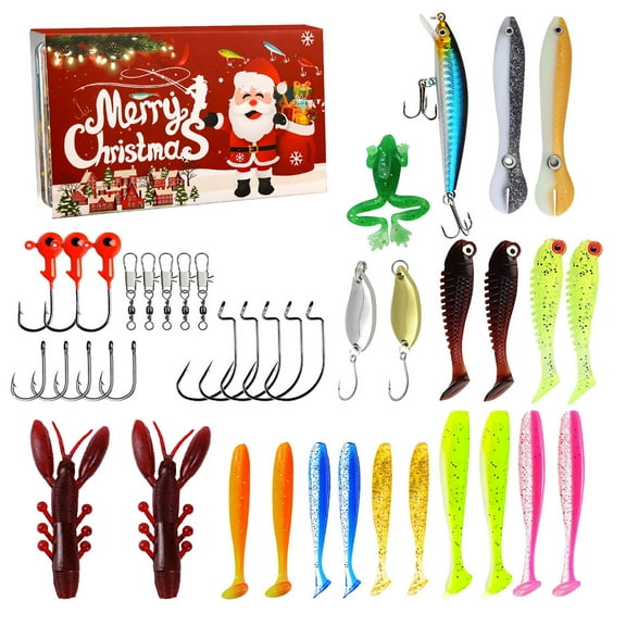 Gytml Fishing Advent Calendar 2025 - Christmas Countdown 24 Days Fishing Lures Gifts Set for Adult Men Teen Boys, Xmas Holiday Surprise Gift Advent Calendar Red 19X10X3.5CM