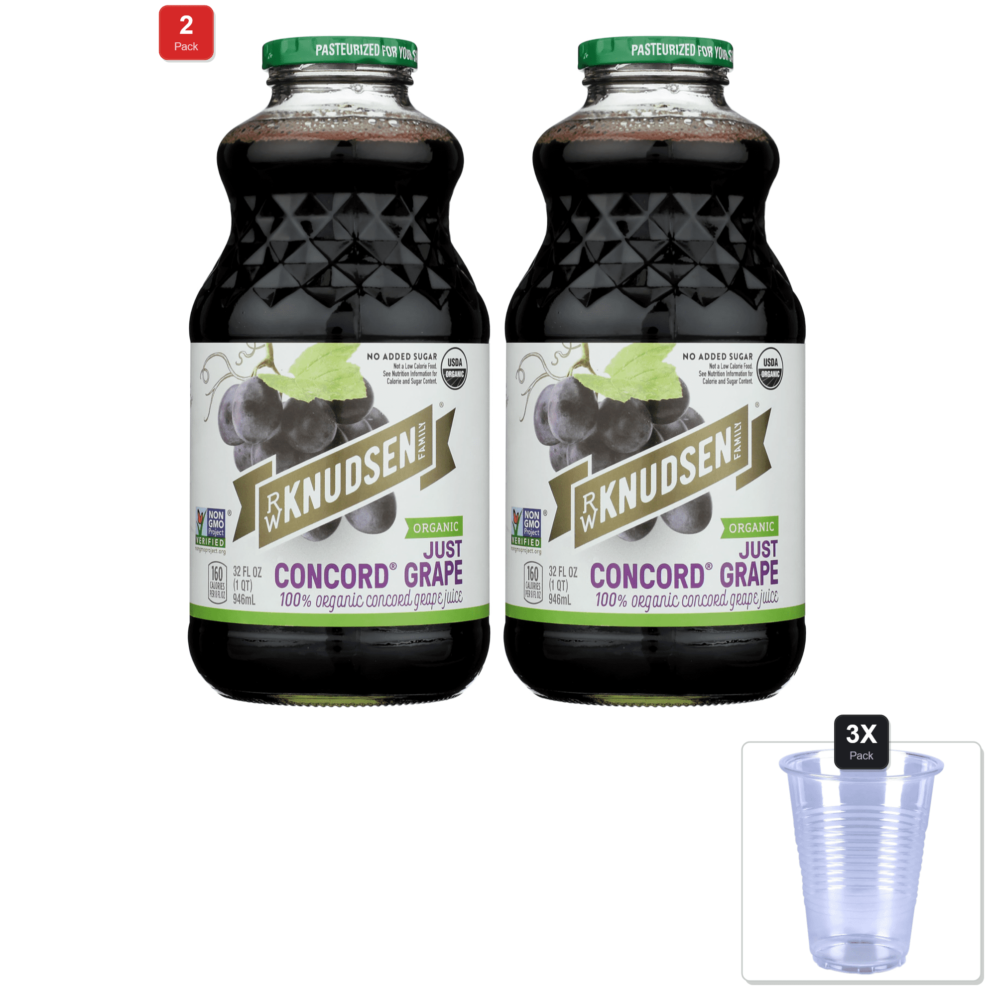 2 Pack | R.W. Knudsen Organic Just Concord Grape Juice, 32 Fz & 3x Disposable Cup