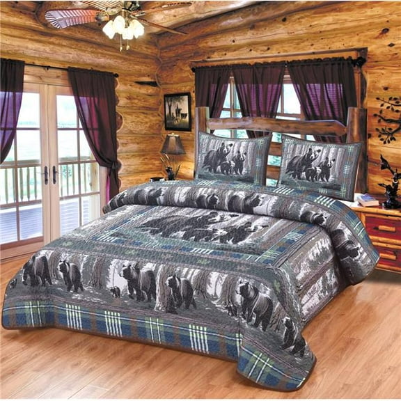 De Leon Collections  Verdant Retreat Black Bear Forest Nature Plaid Border Patchwork King Quilt Bedding Set   2 King Pillow Shams