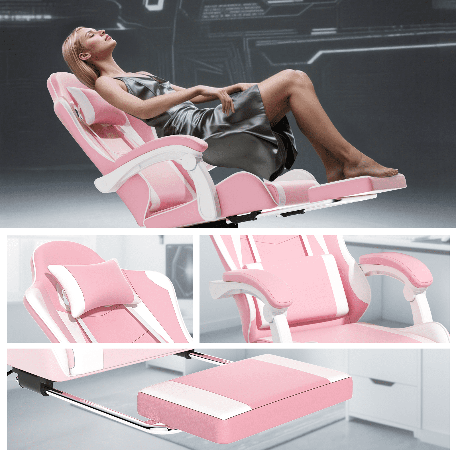 OSM Gaming Chair with Footrest & Headrest, High-Back Ergonomic Computer Desk Chair - Adjustable Lumbar Support, Reclining Office Chair for Adults, 350lbs, Pink