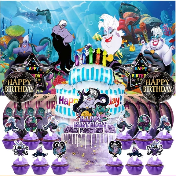 Ursula Supplies Plates Decoration Backdrop Banner Birthday Decor Tableware Fans Balloons