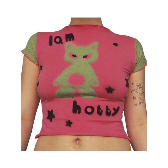 hirigin Women Graphic Print Crop Top Short Sleeve Aesthetic Vintage Tees Casual E-Girl Grunge T-Shirt 2022 Trendy Streetwear