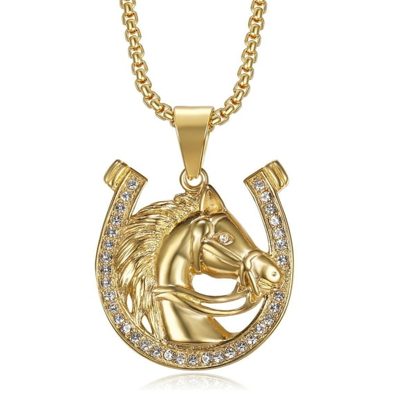 NEGS 18K Gold Plated Lucky Horse Pendant 24'' Chain Horseshoe Party Stainless Steel Necklace for Men Women