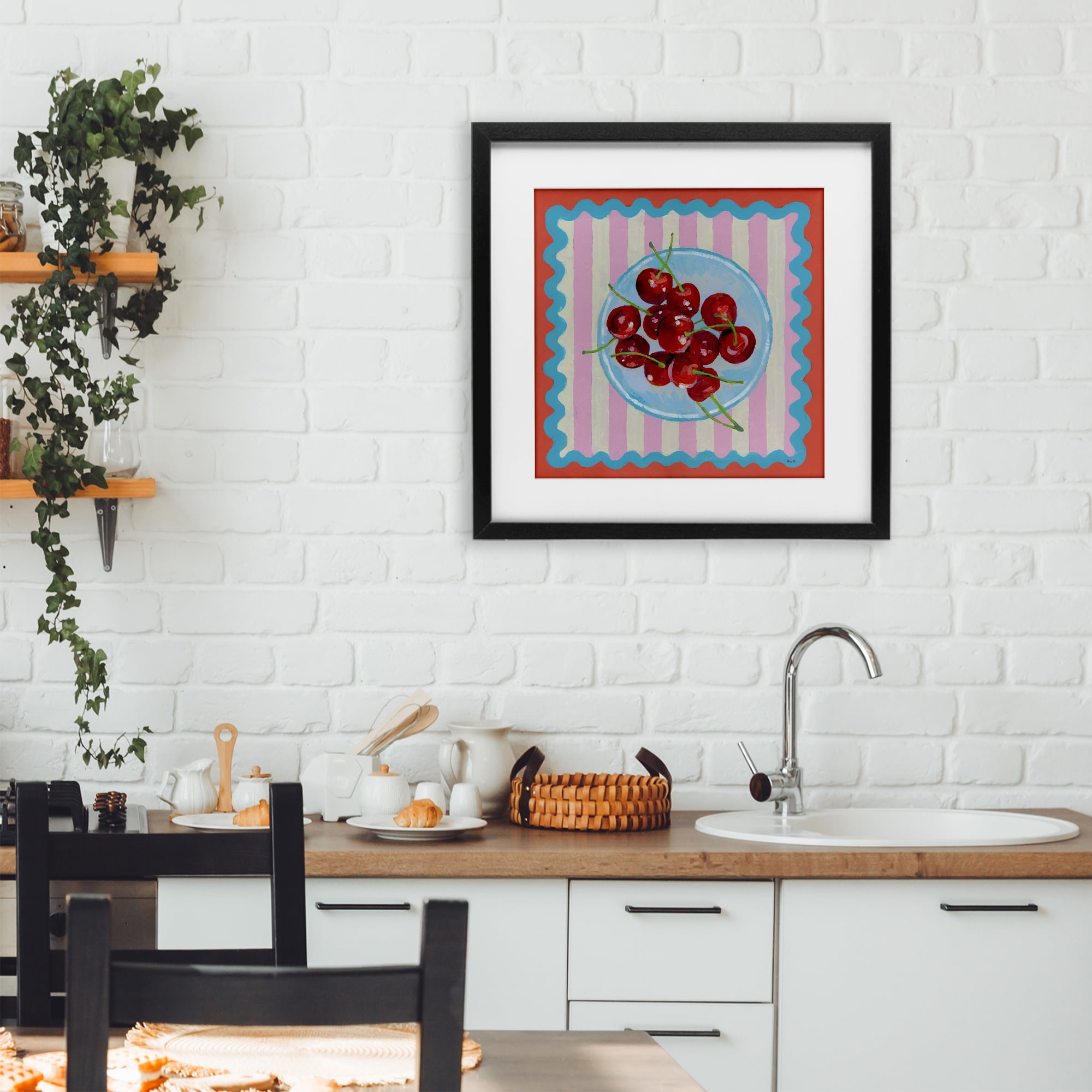 Stupell Industries Red Cherries over Pink Stripes Black Framed Print Under Glass, design by Rachael Reese