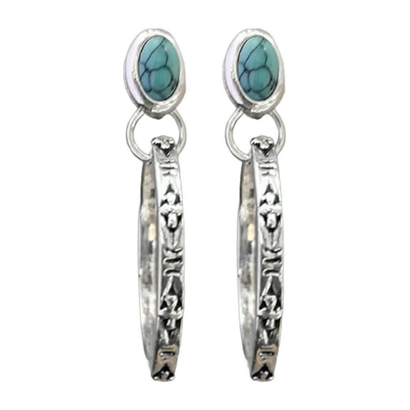 Grofry 1 Pair Women Bohemian Earrings Faux Turquoise Vintage Style Jewelry Faux Agate Engraved Round Shape Hoop Earrings Prom Travel Dangle Earrings