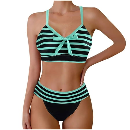 Arnsht Women s High Waisted Bikini Sets Striped Color Block Two Piece Swimsuit Scoop Neck Strap Crop Top Cheeky Bathing Suits Sky Blue XL