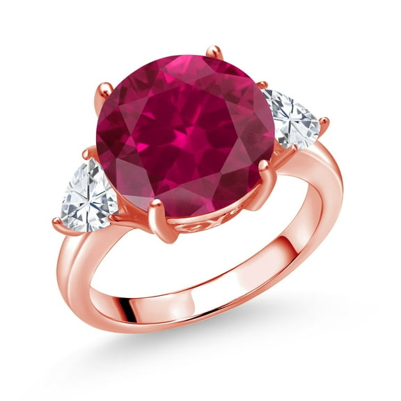 Gem Stone King 18K Rose Gold Plated Silver Red Created Ruby and White Moissanite 3-Stone Ring for Women (7.94 Cttw, Round 12MM, Trillion 5MM, Size 5)