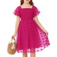 thumbnail image 2 of Aridak Girls Chiffon Dress Flutter Ruffle Short Sleeve Kids Square Neck Frocks Hot Pink 6-13Y, 2 of 7