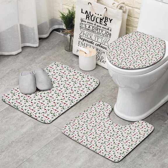 White Christmas Tree and Ornament Pattern Bathroom Rugs Sets 3 Piece,Toilet Cover Set,Absorbent Non Slip Bathroom Mats Sets with U-Shaped Contour Rug Toilet Rug Set