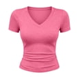 thumbnail image 5 of Feancey Crop T-Shirts for Women Soft Slim Fit V Neck Pajama Tops Ruched Waist Short Sleeve Basic Tees Solid Color Casual Loungewear Tee Shirts Hot Pink L, 5 of 9