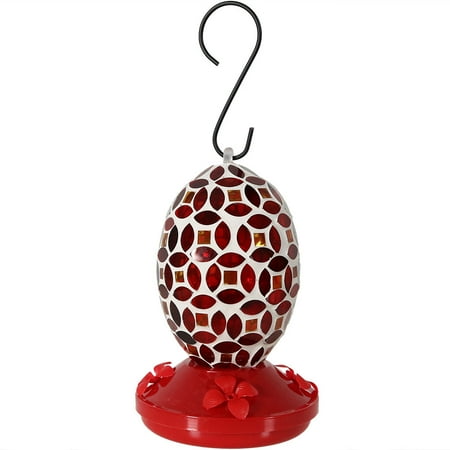 Hummingbird Mosaic Sunnydaze Outdoor Hummingbird Feeder for Wild Birds, Hanging Oval Mosaic Glass, 18 Ounce Nectar Capacity ()