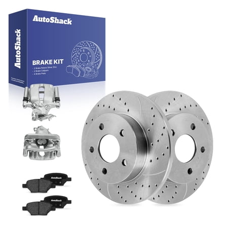 AutoShack Rear Brake Rotors, Ceramic Pads & Calipers for Chevrolet Malibu 2012 - Silver Zinc Coated Drilled & Slotted - SilverShield Pro - 10.64" (270.2 mm), 5-Lug