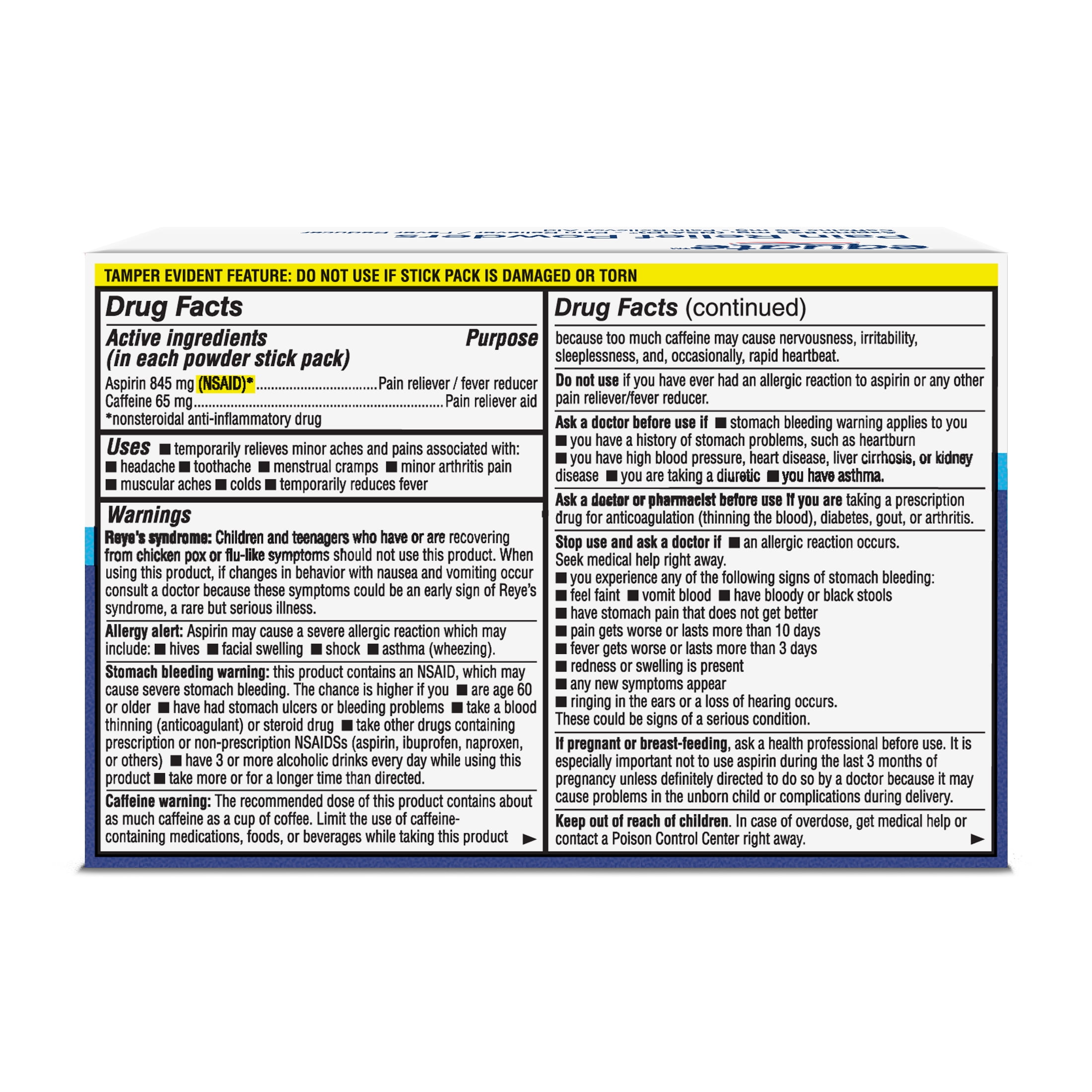 Equate Pain Relief Powder Stick Packets, Aspirin and Caffeine, 845 mg/65 mg, 50 Count, Compare to BC® Original Active Ingredients