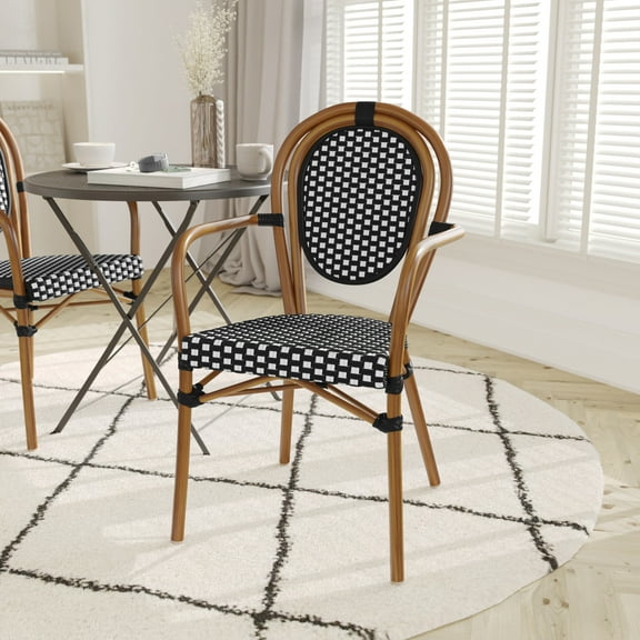 Emma Oliver Set of Two Indoor/Outdoor Stacking Thonet Bistro Style Chairs with Arms, Black Textilene Seat and Natural Bamboo Finished Metal Frame