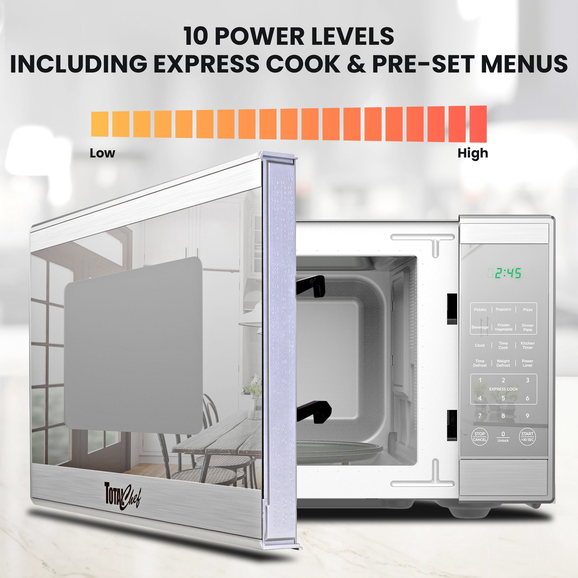 Total Chef Compact Countertop Microwave Oven, 1.3 Cu Ft. 1100W, 10 Power Levels, 6 Auto Cook Pre-Sets, Express Cook, Digital Touchscreen Controls, Child Lock, Timer, Mirrored Finish, Stainless Steel