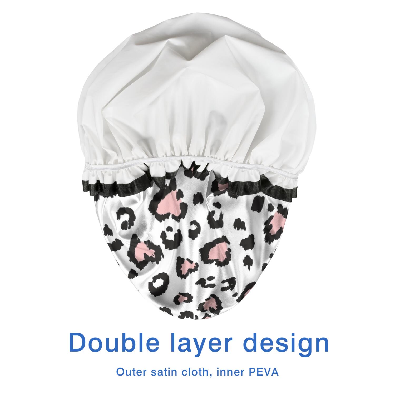 Shower Caps,Pink and Black Of Leopard Print Waterproof Shower Cap for Women 4 Pieces,Double Reusable Hair Cover for Shower PEVA Elastic Stretch Hem