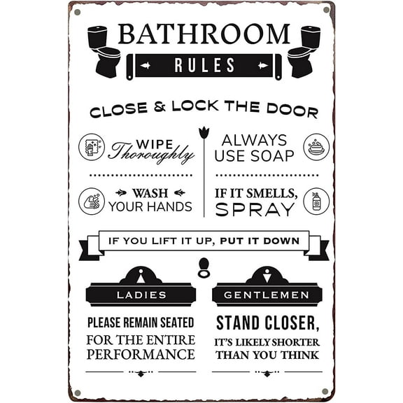 Rustic Bathroom Rules Sign Vintage Bath Metal Wall Art Farmhouse Restroom Wall Decor Toilet Decorations 8X12Inch