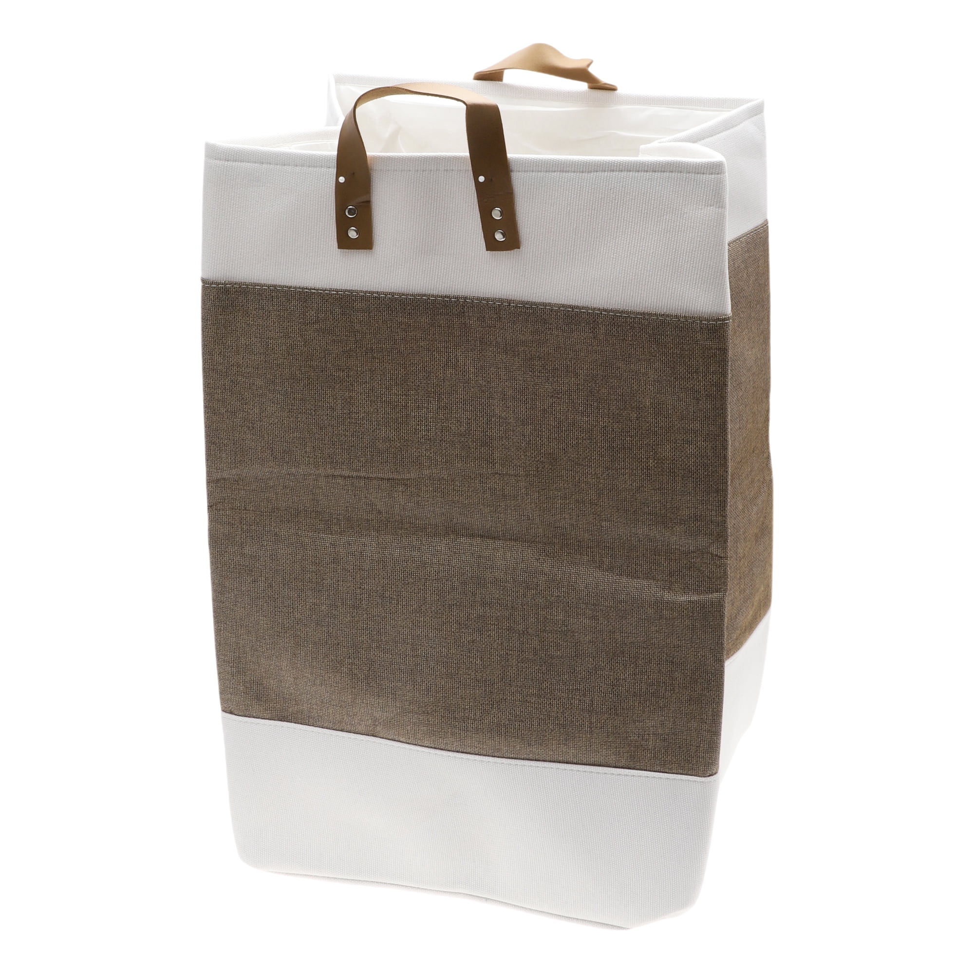 Unique Bargains Laundry Basket, Foldable Laundry Hamper with PU Handles Gray Brown