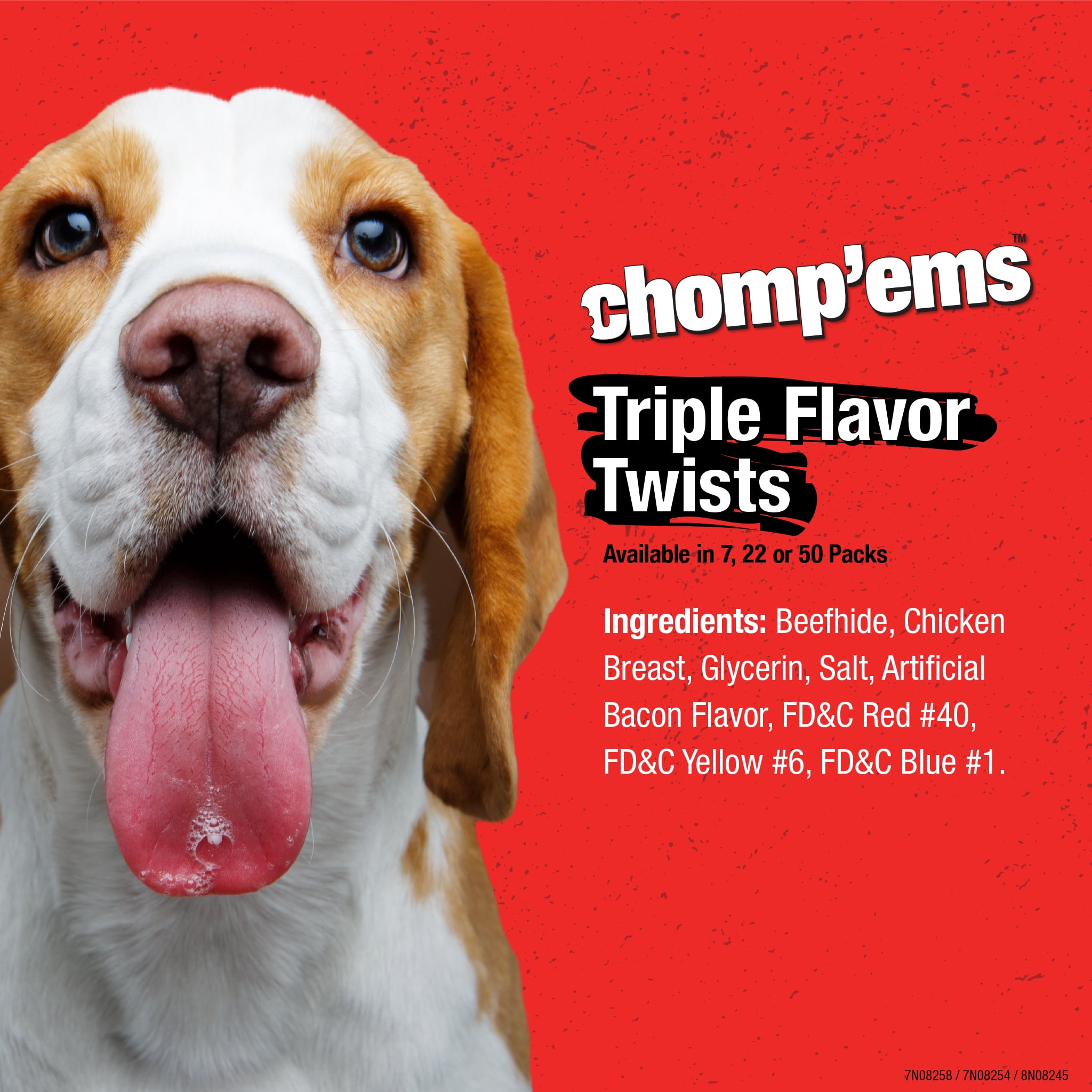 Chomp 'ems Triple Flavor Rawhide Twist Sticks - Beefhide Dog Chew - Treat for Dogs, 50 Count