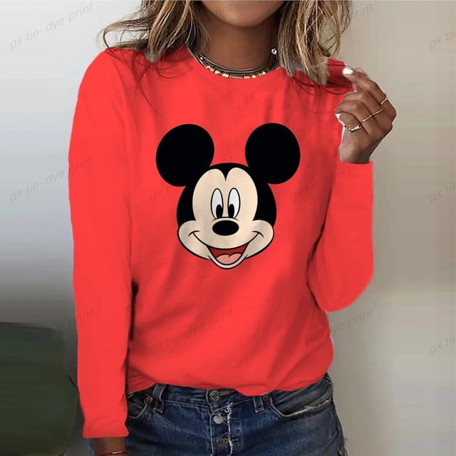 Disney Mickey Mouse Print Women's Long Sleeve Round Neck T-shirt Cartoon Four Seasons Top Women's T-shirt Y2k Graphic T-shirtM Gao Jinjia LED