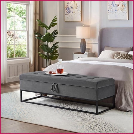 58.6” Bed Bench with Storage Sturdy Metal Base | Grey | Velvet