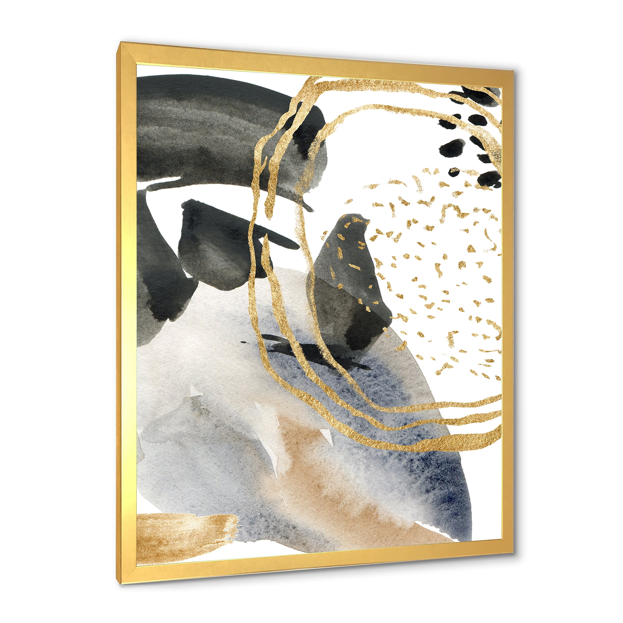 Designart 'Pastel Abstract With Black Blue Beige and Gold Spots' Modern Framed Art Print