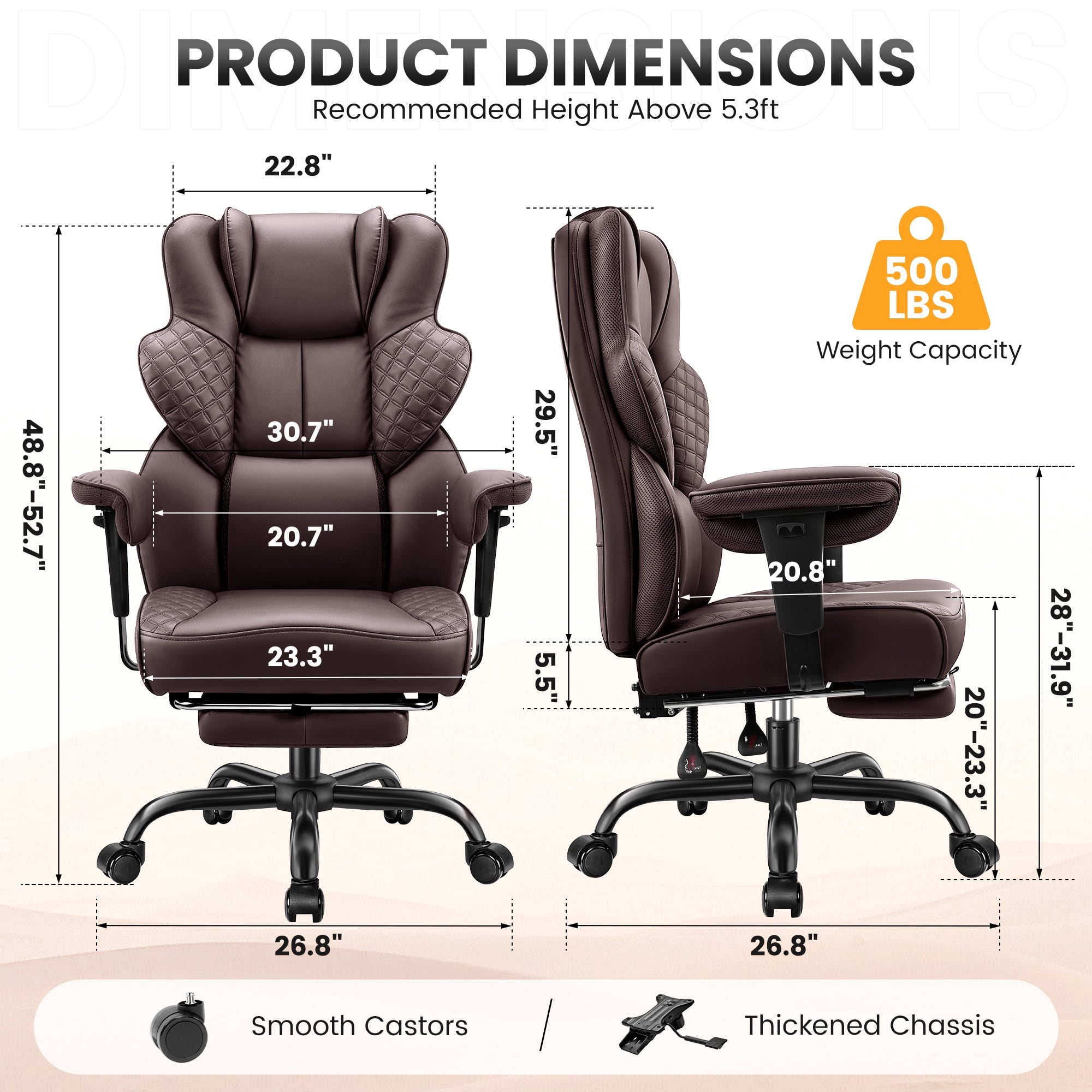 COOLHUT Big and Tall Office Chair 500lbs, Heavy Duty Ergonomic Office Desk Chair with Deluxe Embossing PU Leather with Footrest, Executive Gaming Chair with Lumbar Support, Coffee