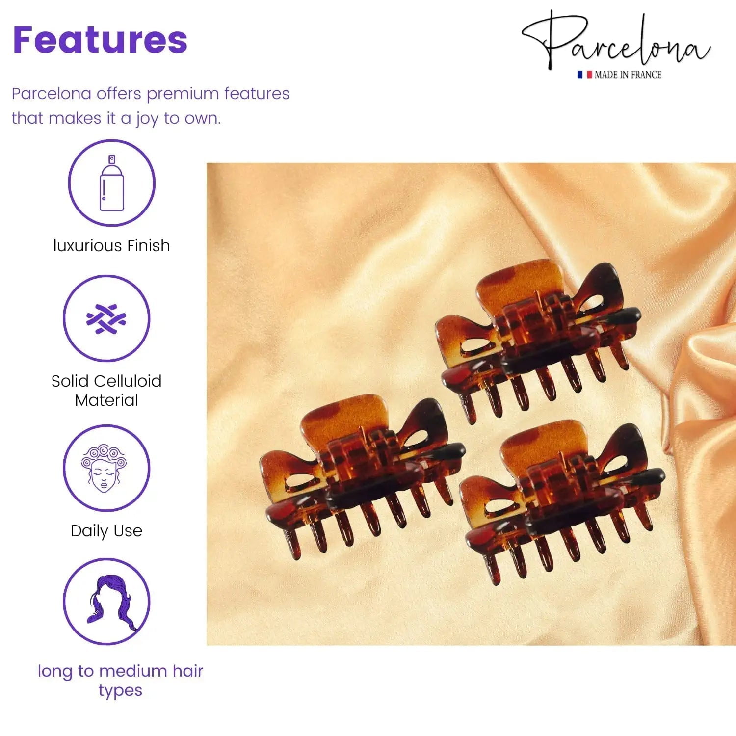 Parcelona French Classic 1.5" Small Celluloid Set of 3 Hair Claws for Women (BlushPink)