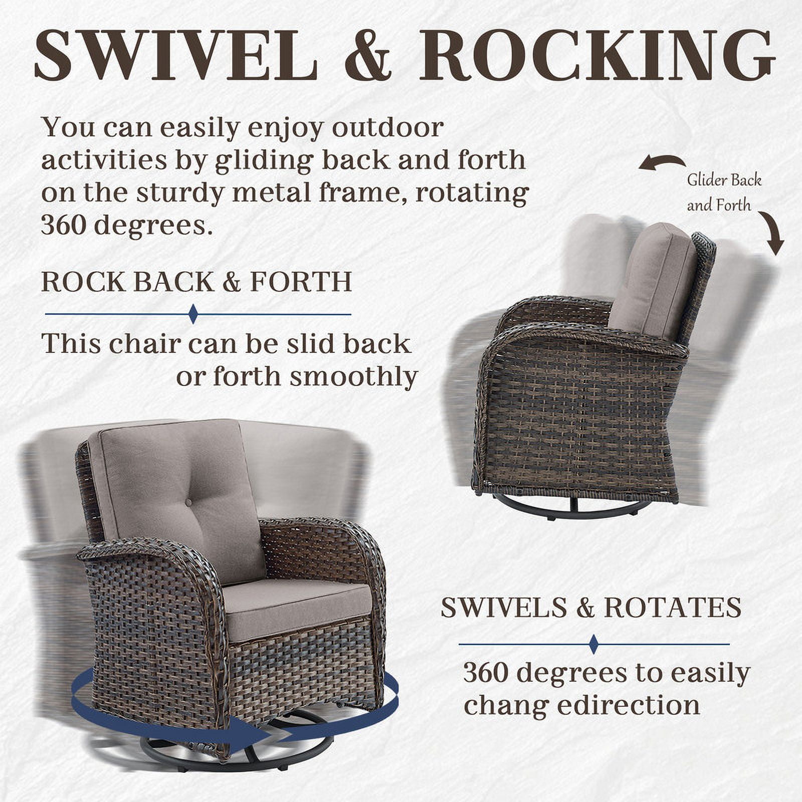 PARKWELL 5 Pieces Outdoor Patio Furniture Set with Fire Pit Table,All Weather Wicker Cushioned Swivel Chairs,Loveseat Glider for Garden Lawn Balcony Porch Deck,Brown/Gray
