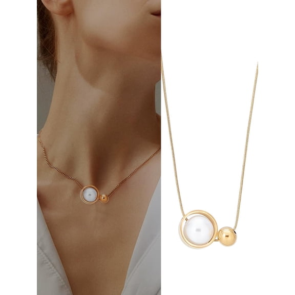 1Pc Imitation Pearl Pendant Necklaces Titanium Steel Imitation Pearl Round Pendant Necklaces Fashion Stacking Chain Versatile Metal Chains for Women Elegant Gifts 16.34 Inch(41.5cm) Long DIY Golden