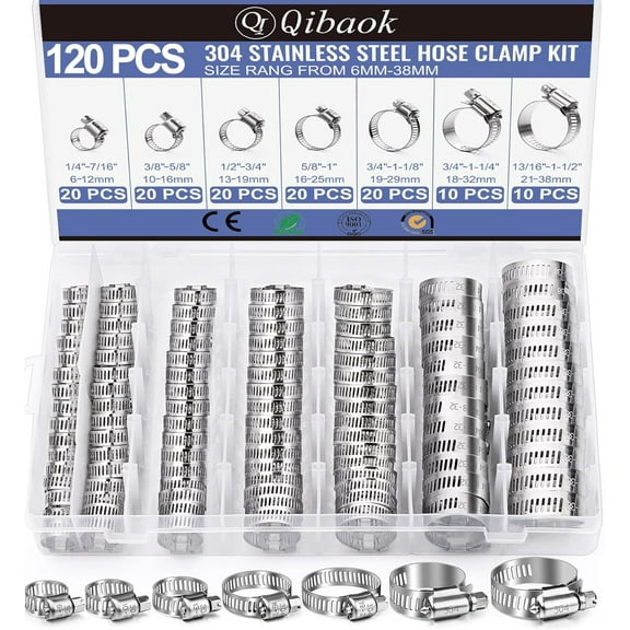 120PCS Stainless Steel Hose Clamps Assortment Kit 1/4''–1-1/2'' Worm Gear Clamps for Fuel Line, Plumbing, Automotive, Mechanical Applications, Pipe, Tube & Radiator