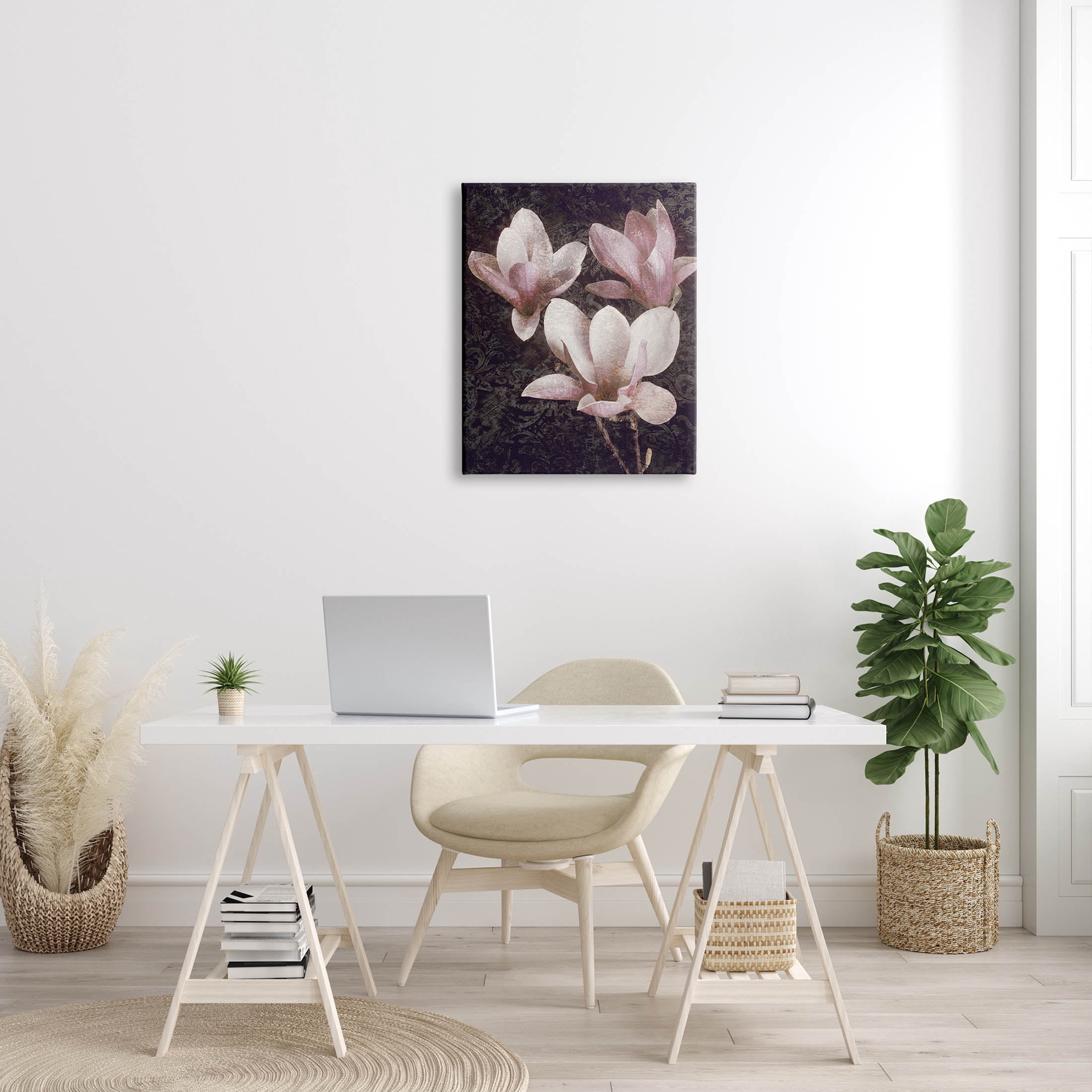 Vintage Pink Blooms Damask Pattern Botanical & Floral Graphic Art Gallery Wrapped Canvas Print Wall Art