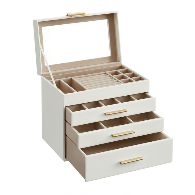 Caja de Joyas, Caja Joyero de 4 Niveles, para Gafas de Sol, Joyas Grandes, Tapa de Cristal, 3 Cajones, Blanco Nube y Dorado