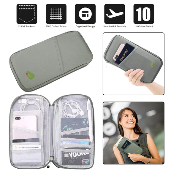 JelyHT Water Repellent Passport Wallet Silver 12 Card Slots Slim Zipper Document Organizer for Travel Business Daily Use