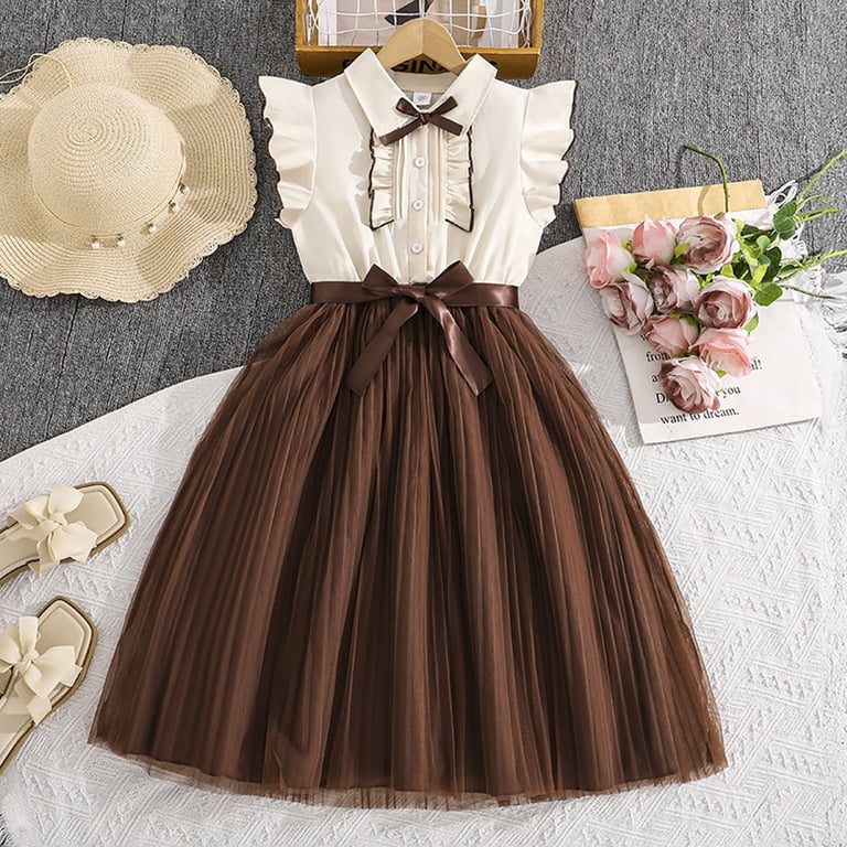 brown tulle dress girls Girls French Style Tulle Skirt Dress, Kids Preppy Ruffle Sleeve Party  Dress, Color Block Button Down Tulle Dress for Weddings Events(Khaki,7-8  Years)