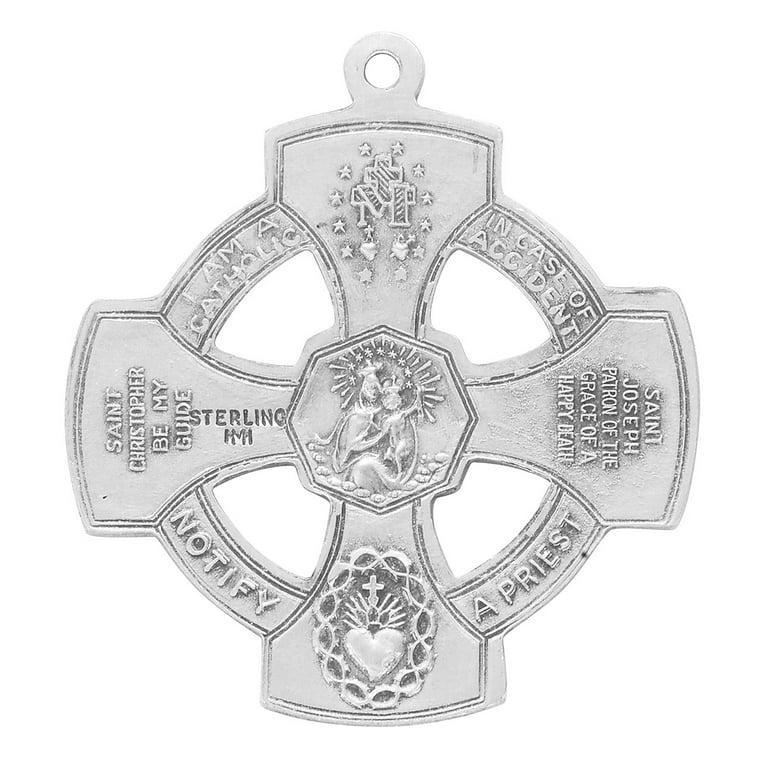 Catholic 4-Way Medal Cross Cruciform Pendant with Miraculous Medal, St.  Joseph, St. Christopher and Sacred Heart, Made in USA 