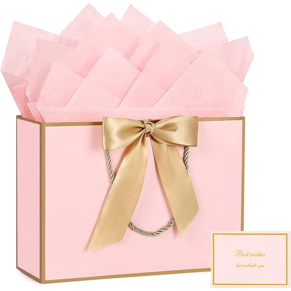 AUCLAY 3 Pcs 12.6" Large Gift Bags with Handles Tissue Paper and Cards (Pink with Gold Trim)