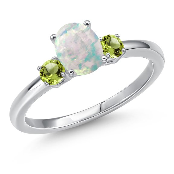 Gem Stone King 14K White Gold Simulated White Opal and Green Peridot Engagement Ring for Women | 1.24 Cttw | Oval Cabochon 7X5MM | Gemstone October Birthstone | Size 8