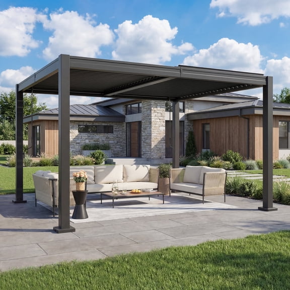 MUCHANT 10x12 FT Louvered Pergola, Outdoor Metal Pergola with Independent Adjustable Roof and Drainage System for Patio, Deck, Garden, Dark Gray