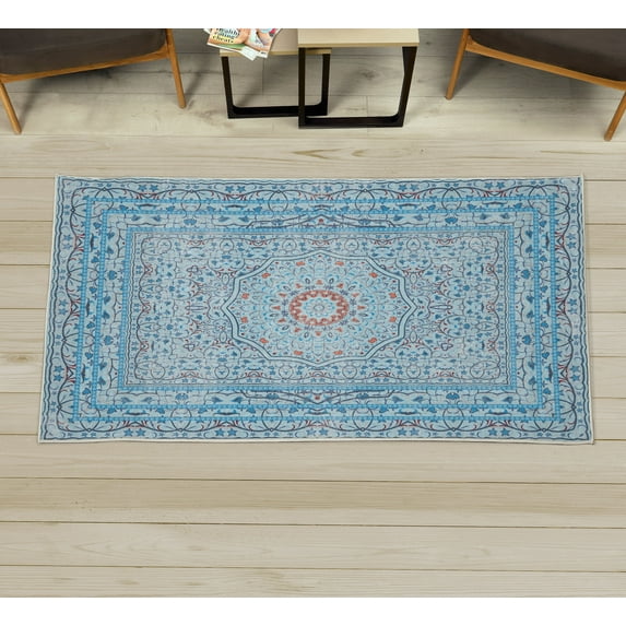 Oriental Decorative Rug, Vintage Design Antique Artwork Mandala Look Boho Floral Design Print, Quality Carpet for Bedroom Dorm and Living Room, 6 Sizes, Baby Blue, by Ambesonne