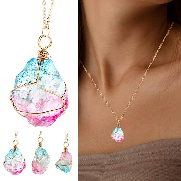 Natural Gold Plated Rainbow Quartz Stone Pendant Necklace for Women Elegant Jewelry