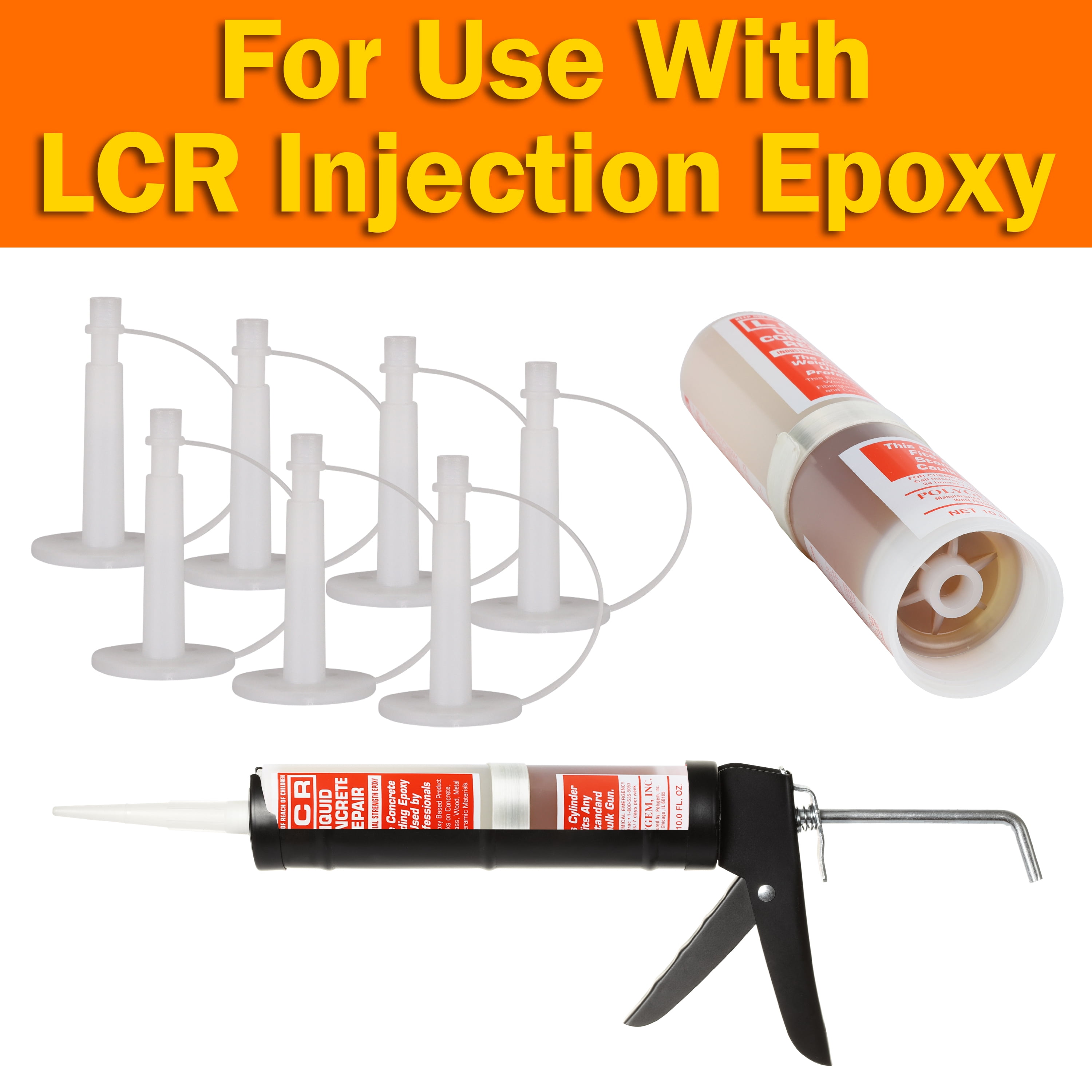 Polygem LCR Concrete Crack Repair Epoxy Injection Bundle, 10 oz 2-Part Cartridge with 7 White Surface Ports, for Foundation & Basement Cracks
